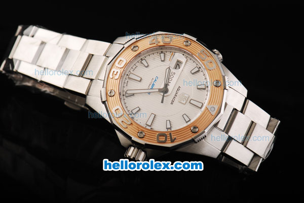 Tag Heuer Aquaracer 500 Calibre 5 Swiss ETA 2892 Automatic Movement Gold Bezel with White Dial and White Stick Markers - Click Image to Close